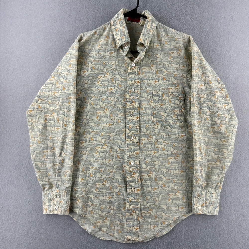 Vintage 60s Van Heusen Shirt Mens 15.5 Vanopress Taxi Cab Print Button Up